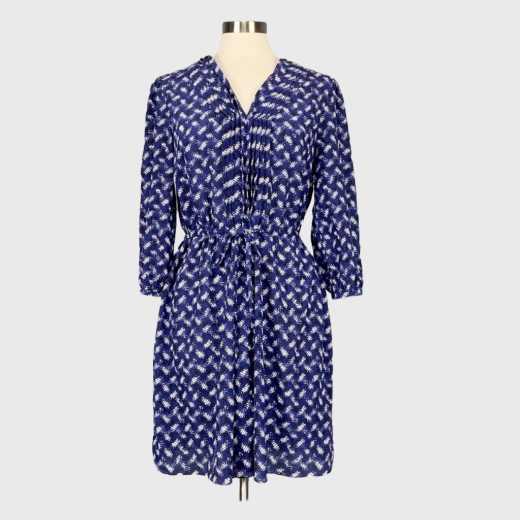 Rebecca Taylor Womens Blue Printed Silk Dress Long Sleeves Cinch Waist Size 2